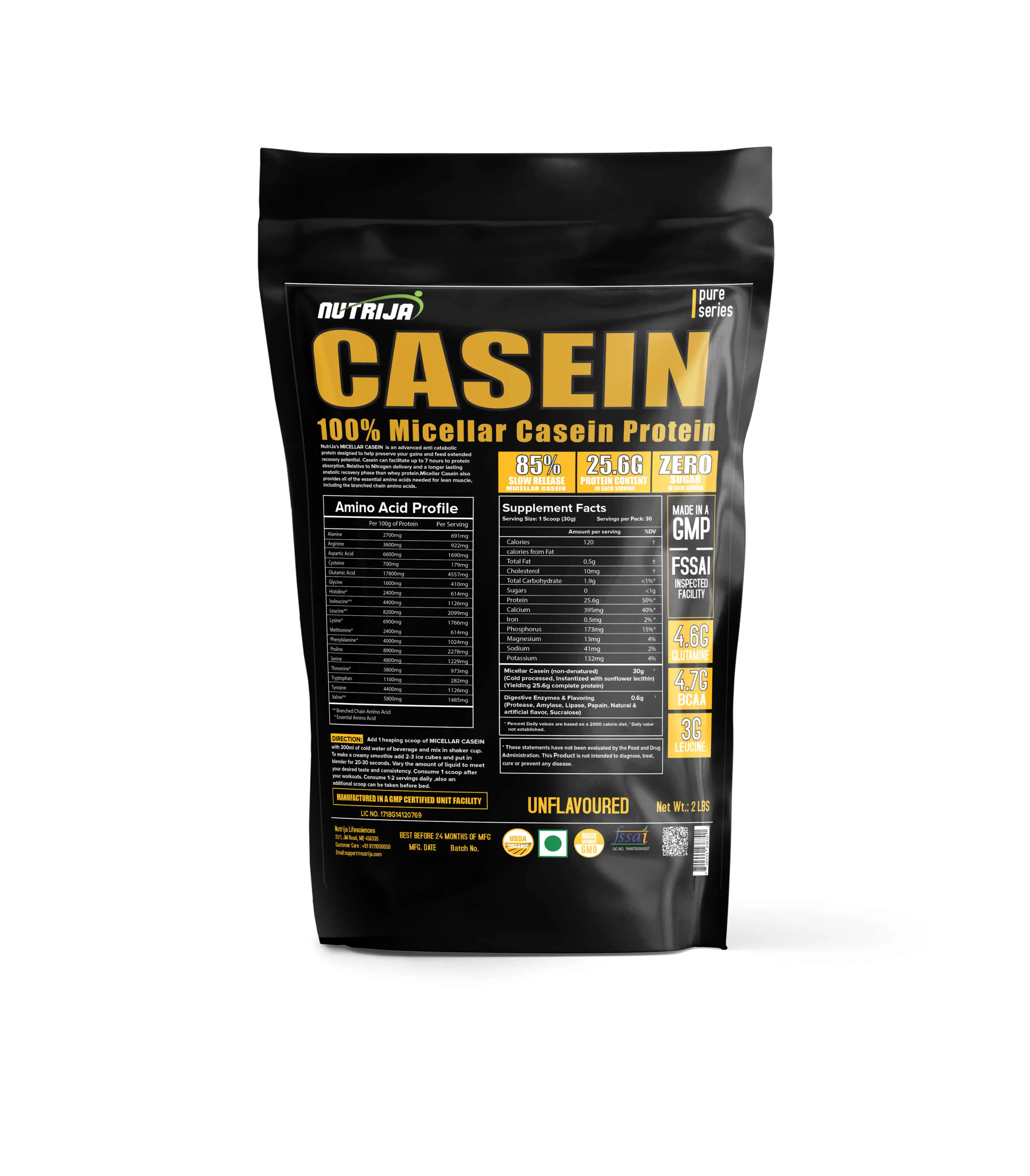 Micellar Casein 85% - Slow Digesting Night Protein with Added Digestive Enzymes- 2Lbs (Unflavored)