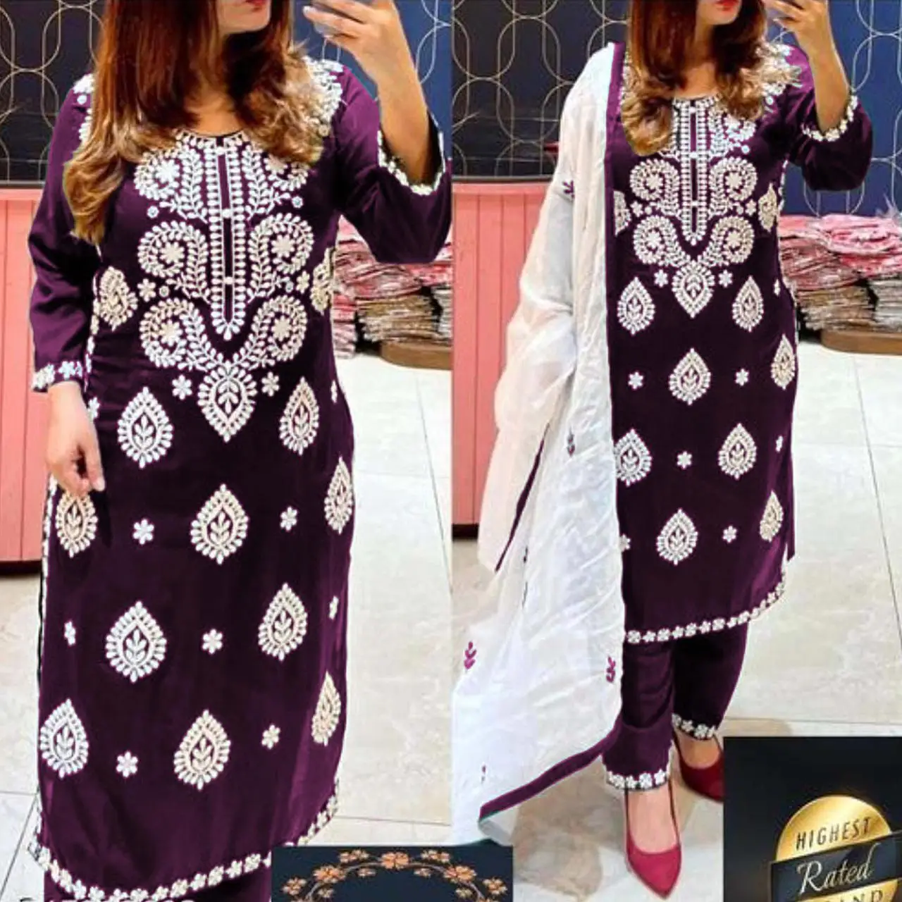 HEAVY RAYON COTTON FABRIC WITH CHICKEN KARI STYLE EMBROIDERY WORK KURTIS