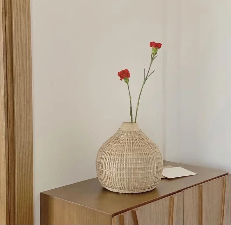 Bamboo Handmade Woven Basket with Black Paint and Cotton Hair Balls for Decoration perfect for Storage or Plant Pot