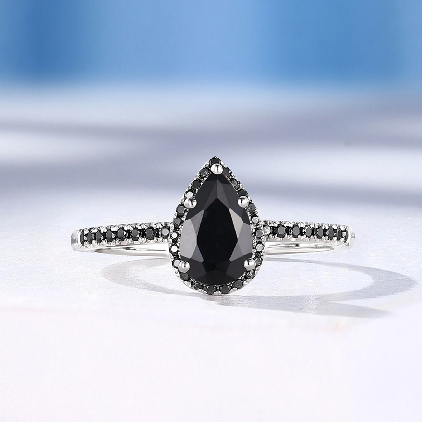 Vintage Pear Shaped Black Onyx Engagement Ring Fine Jewelry 14K Rose Gold Black Diamond Halo Anniversary Bridal Marriage Rings
