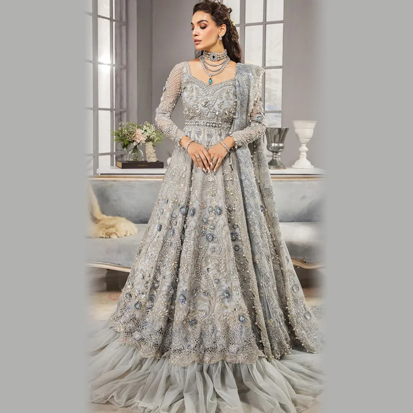 Wholesale Indian pakistani Light Grey wedding dress at Net Fabric Sequence Embroidered Net Dupatta and Trouser
