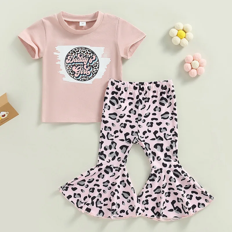 Girl Boutique Clothing Sets Letter T-Shirt Leopard Flare Pants Kid For Summer Outfits Wholesale Baby Suit
