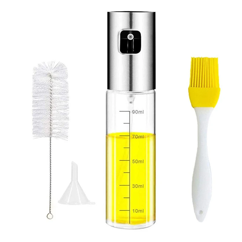 Kitchen Sprayer Mister Stainless Steel Glass Vinegar Olive Oil Mister Spray Glass Bottle for Cooking Salad BBQ with Brush Funnel