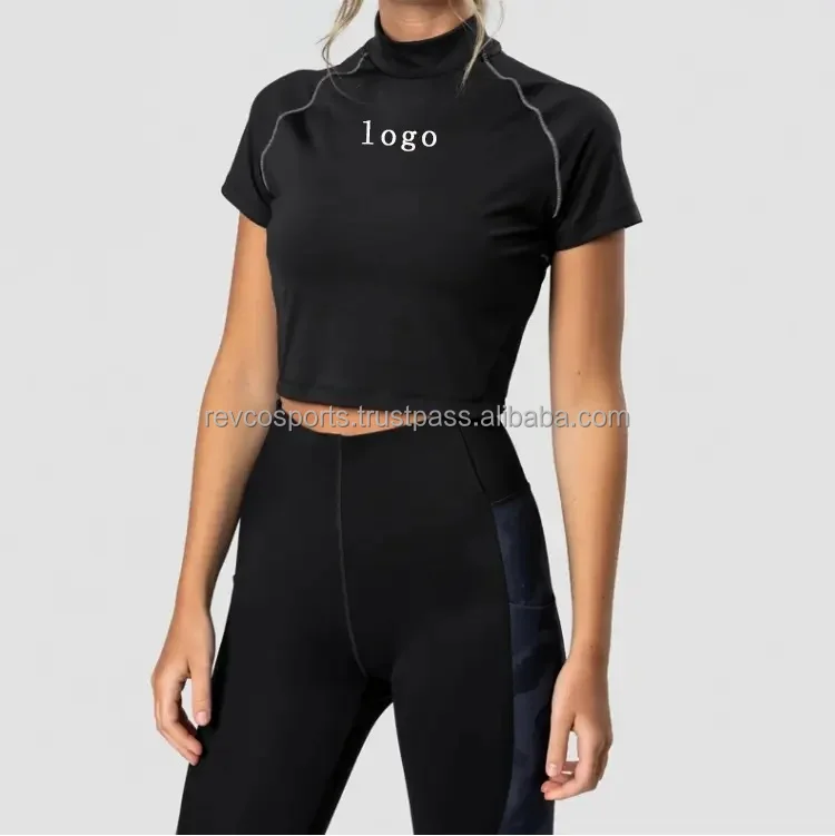 Custom Printing Women Gym Work out Fitness Training sports wear Cotton High Neck Contrast Stitching Plain black Crop T Shirts