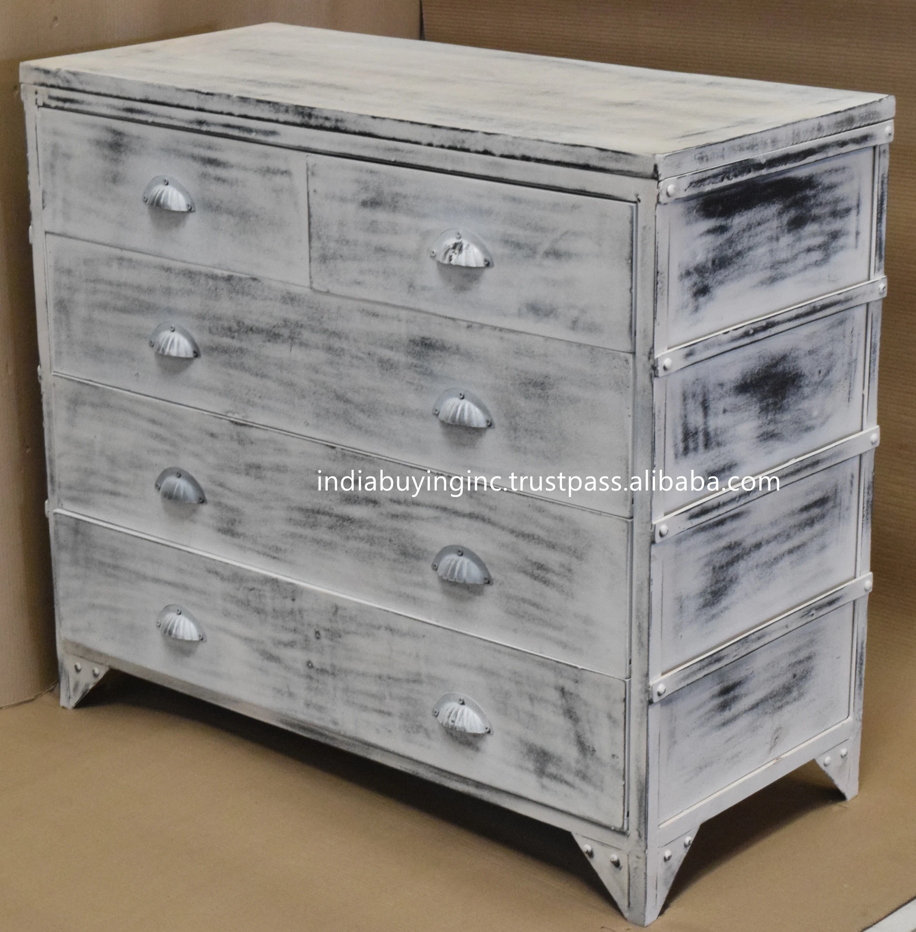 Customizable Luxury High-End American Style Antique White Finish Metal Chest Drawers Cabinet Made India High Filing Cabinets