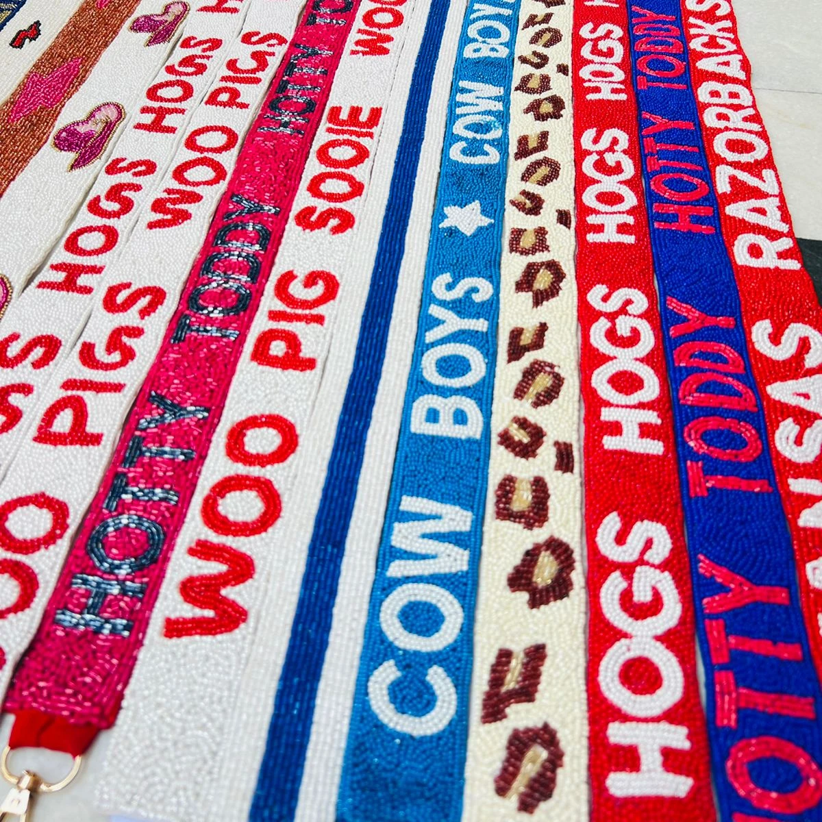 New Beaded Gameday Strap 2023 Hand Beaded customised WOO PIG SOOIE Beaded Bag Strap College Game Day, Arkansas Razorbacks