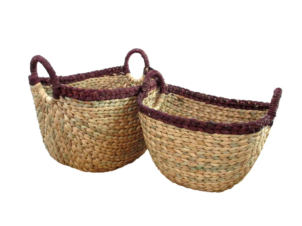 Set of 2 Food Grade Hyacinth Woven Baskets Water Hyacinth & Bamboo Storage & Kitchen Container Wicker Kitchen Basket