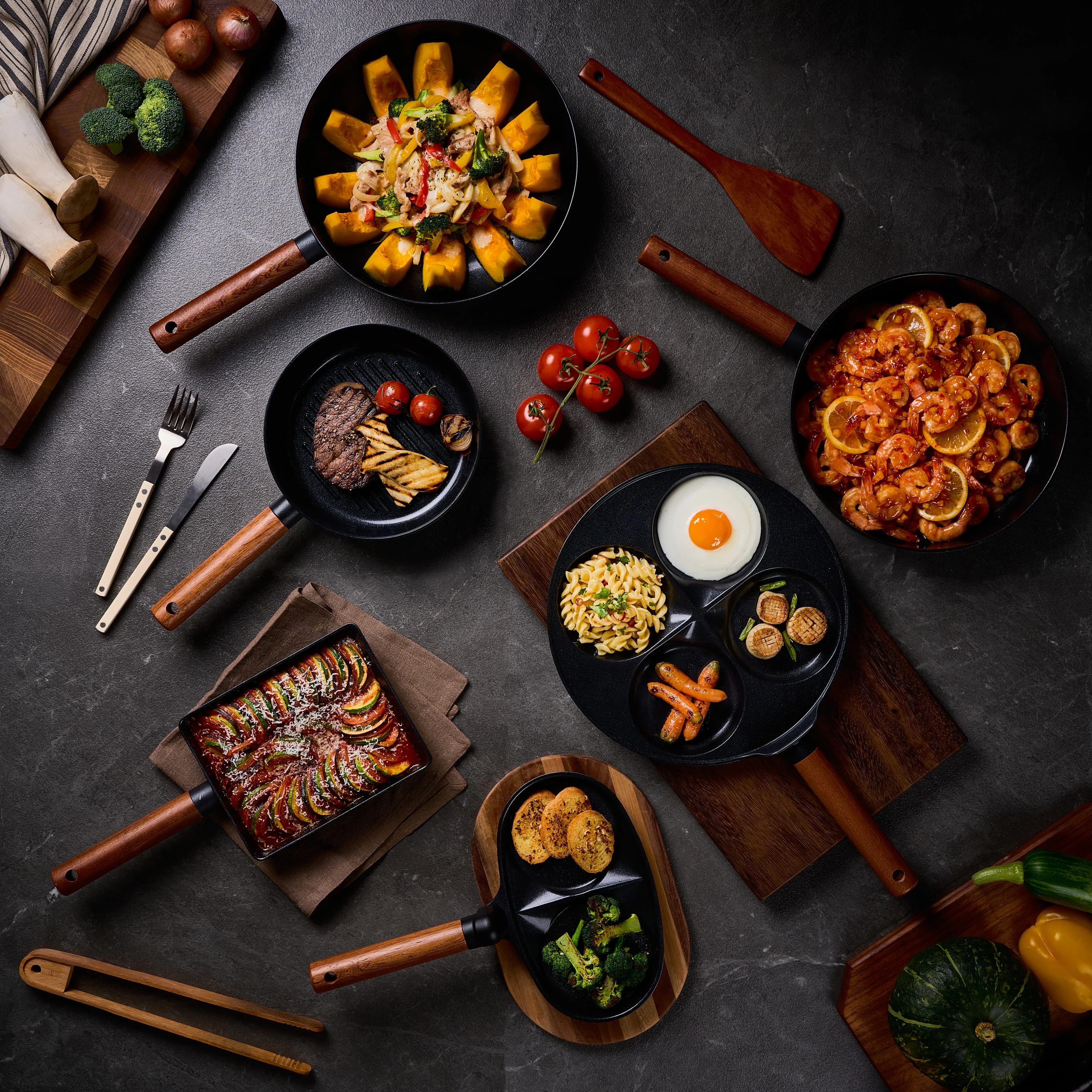 TrueCook Premium Cookware Set 8 Types Black Collection with Canadian Maple Wood Handle