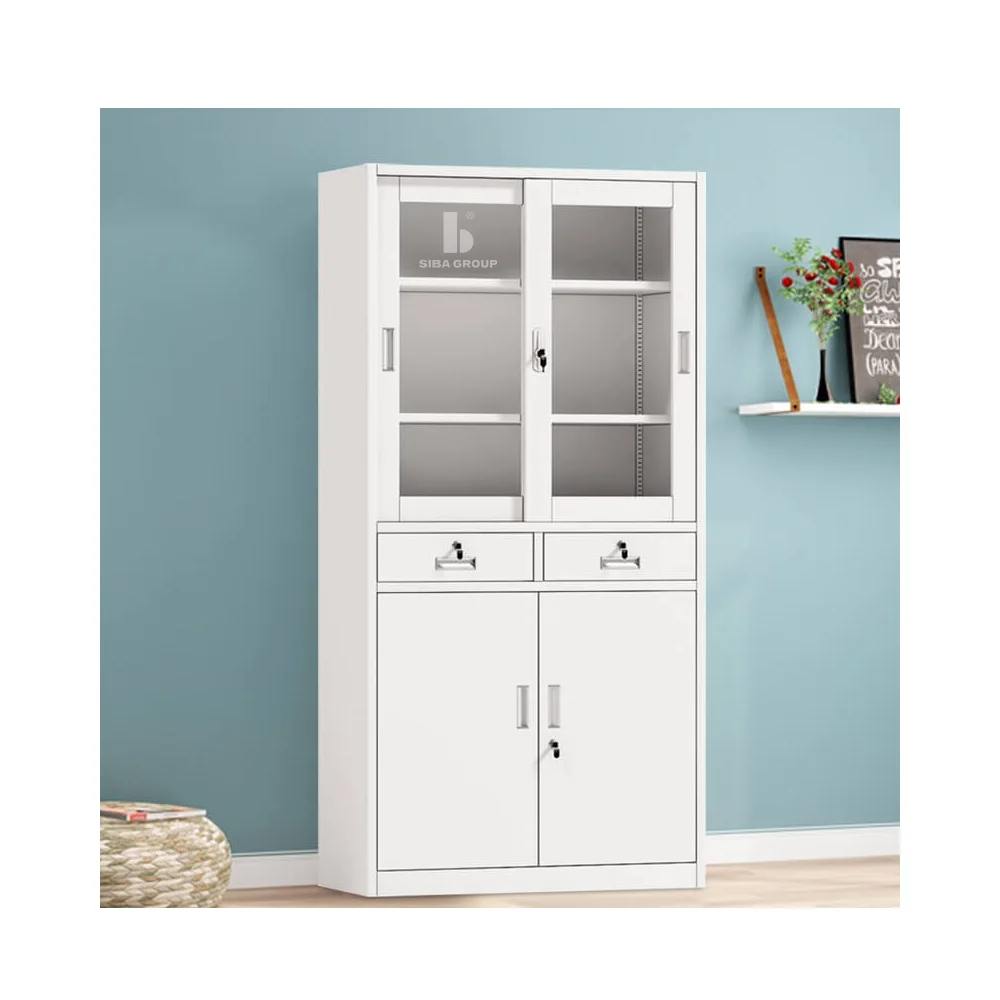 Vietnam Wholesale OEM Service Home Office Furniture Steel Metal Filing Cupboard Storage Cabinet With 2 Drawers 2 Glass Doors