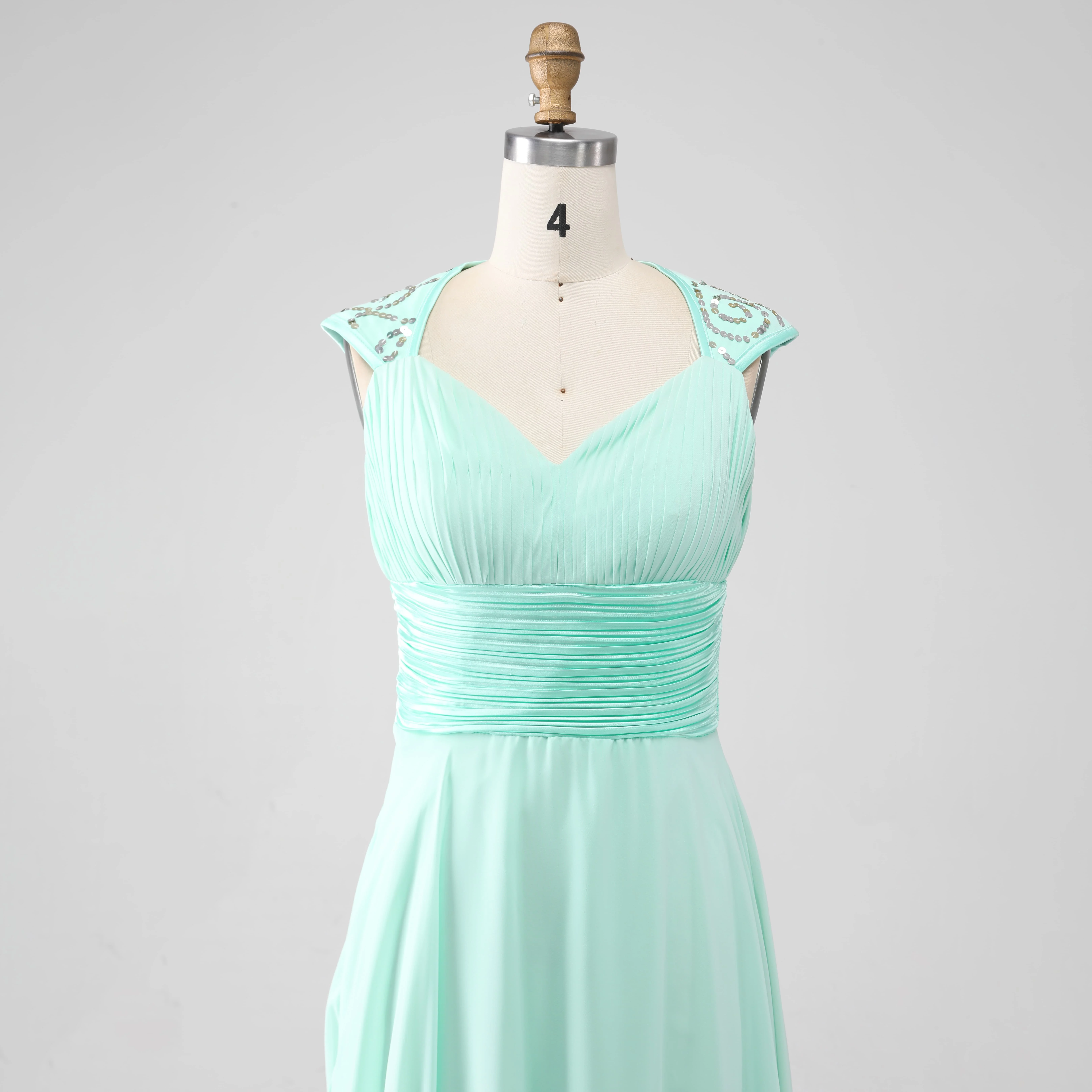 Elegant Floor Length Long Formal Women Wedding Guest Dress Mint Green Chiffon Sweetheart Bridesmaid Dresses with Cap Sleeves