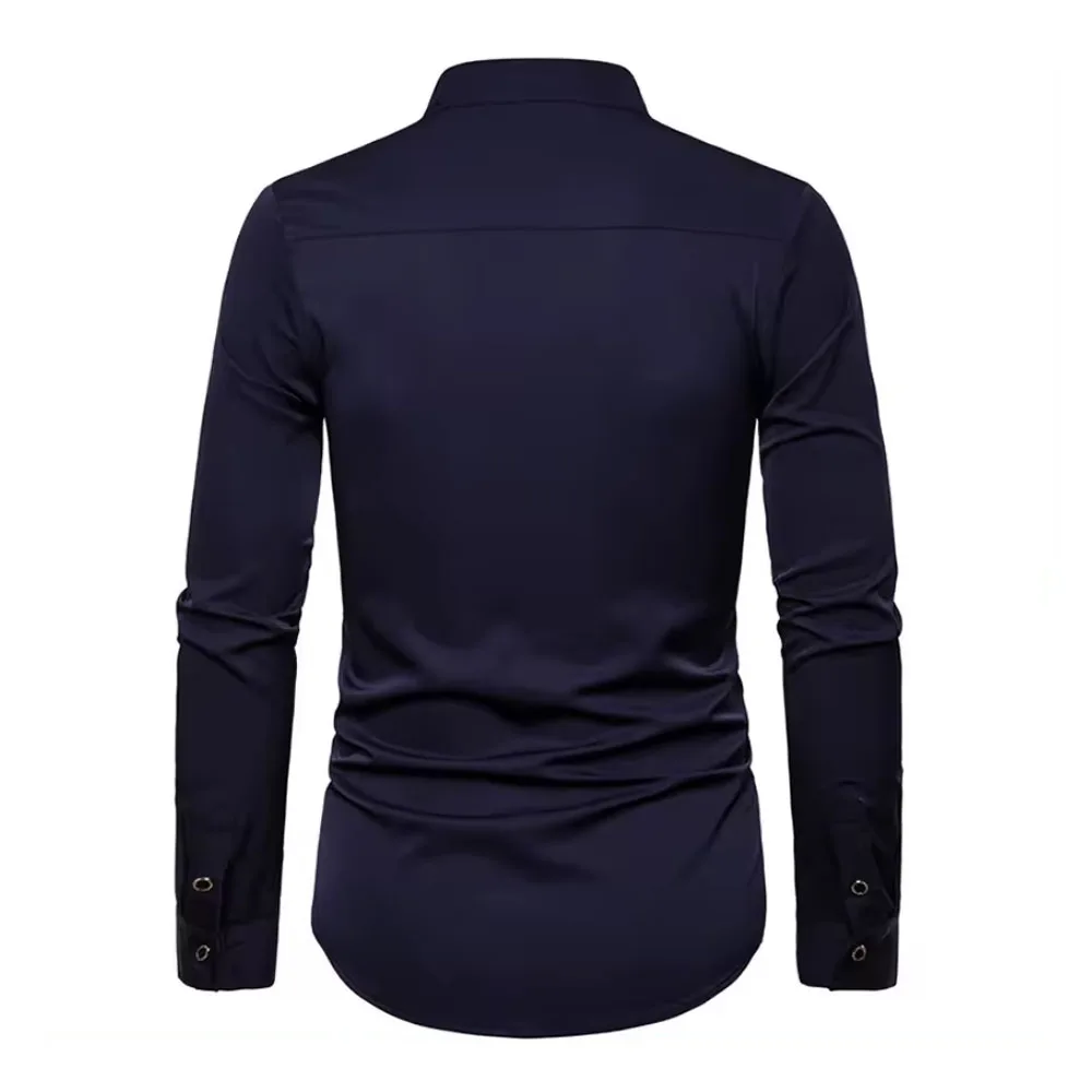 New Autumn Men Long Sleeves Shirt Solid Color Mandarin Collar Slim Fit Shirt Street Wear Men Mandarin Collar Best Quality