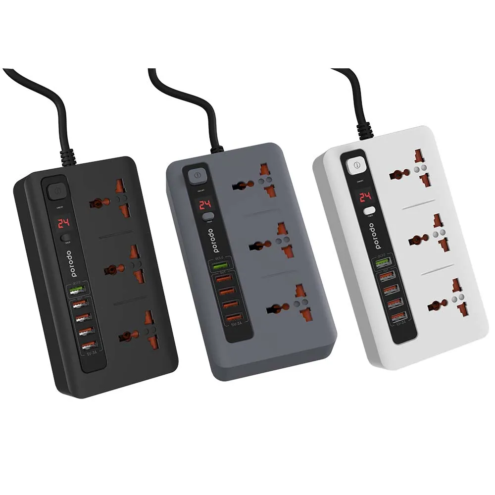 Porodo QC3.0 Multi-Socket 33W With Timer x3 AC Sockets 10A and x5 USB Outputs 33W -200cm Power Cord Independent Power Switch