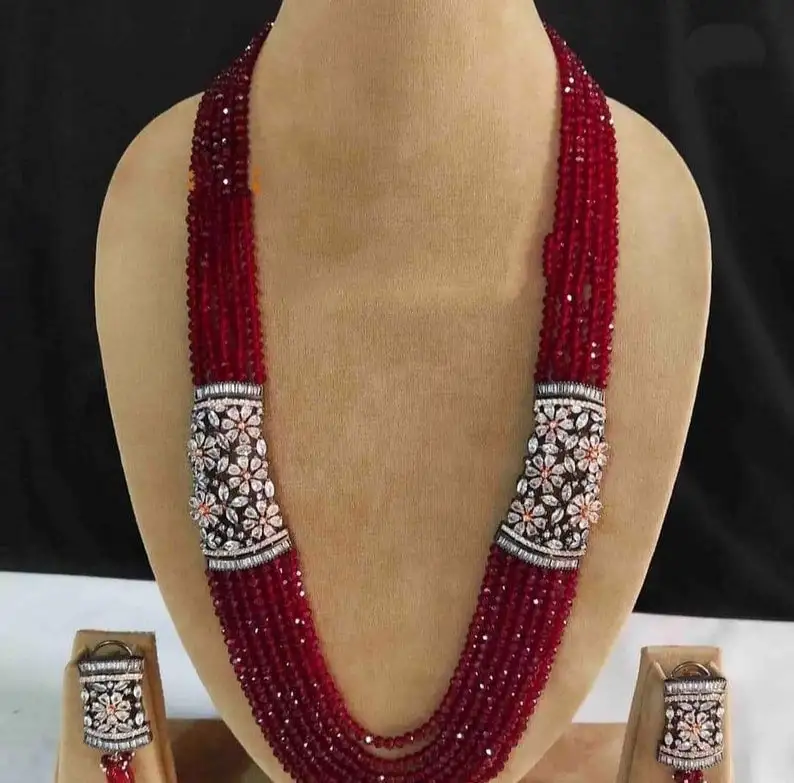 New Natural Stone Ruby Emerald Rose Quartz And Beads Stone Brass Necklace For Women Lines Best Jewelry  Set