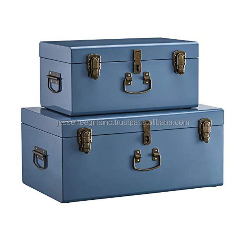 Metal Sheet Home Storage Trunk With Light Green & Gray Powder Coating Finishing With Silver Lock & Handle For Organizer Set Of 2