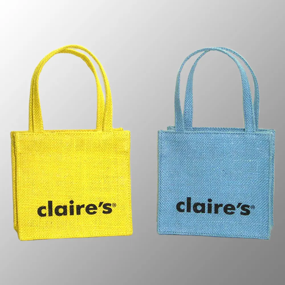 colorful mini jute bag with long handles of same fabric as body custom print with logo small jute shopping promotion gift bags
