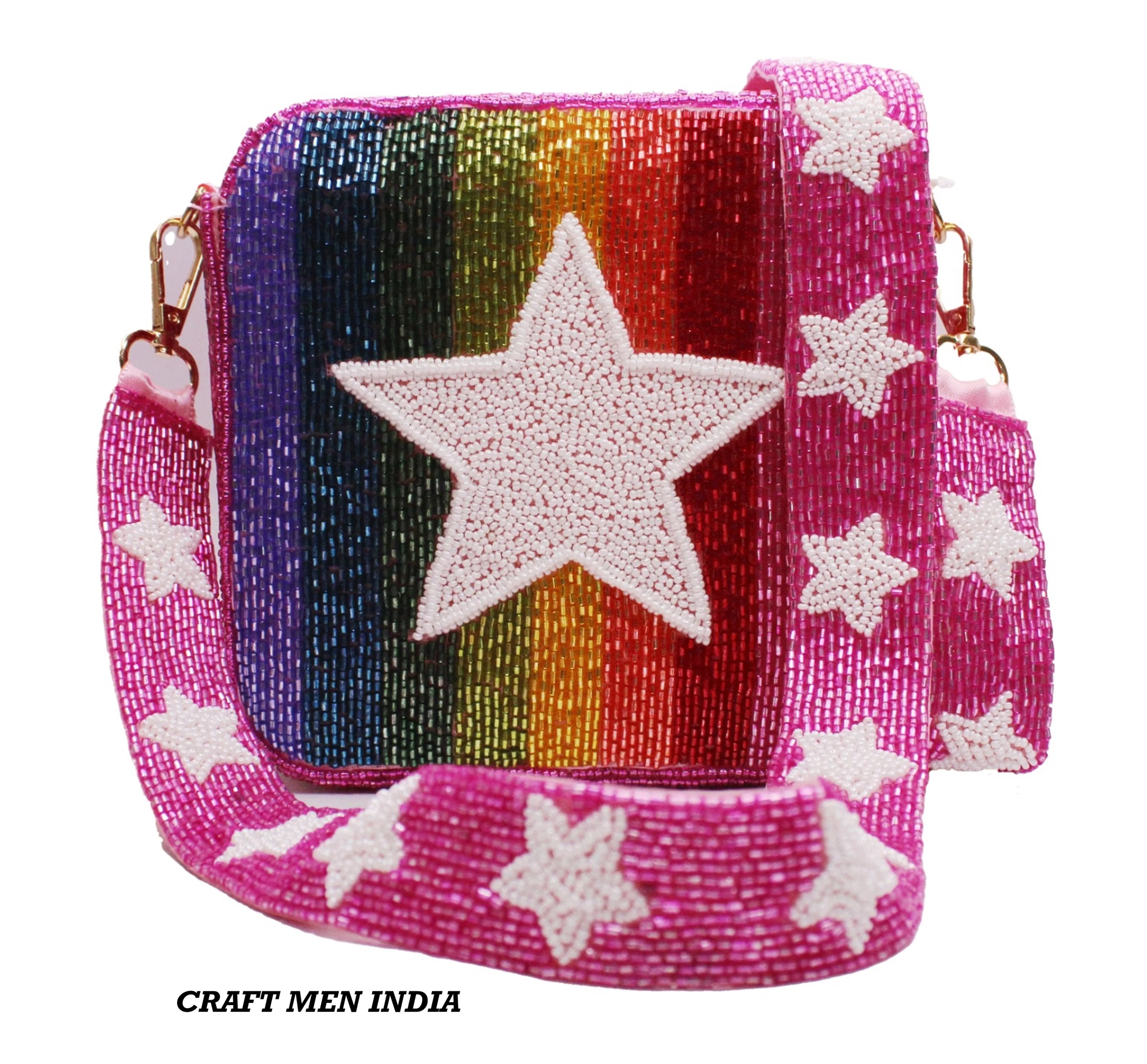Latest Designer Woop Beaded Star Strap Box Handbag Customized Sizes Cross Body Purses for Ladies Black & White Fashion India