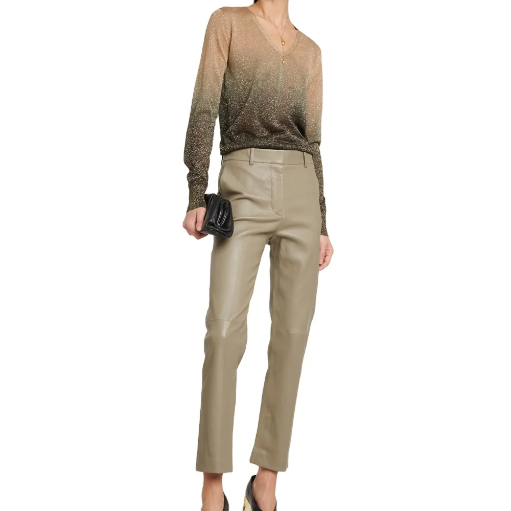 Fashionable High Quality Genuine Leather Women Pants Sheep Skin Pure Solid Color Women Leather Pants