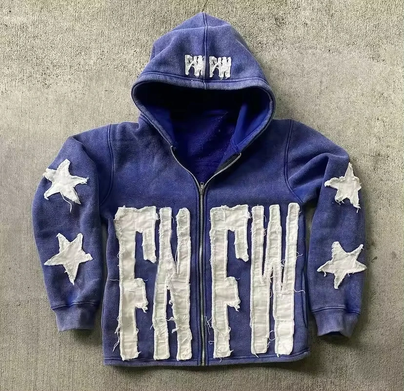 High Quality Manufacturer 400Gsm Heavyweight Thick Distressed Cut And Sew Vintage Embroidery Patch Men Acid Wash Zip Up Hoodie