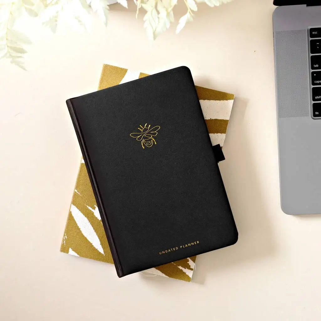 LABON Elegant Vegan Leather Cover Gold Bee Premium Undated Planner Diary Notebook With Elastic Strap
