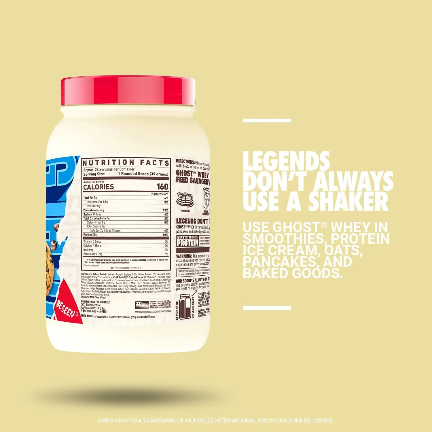 Whey Protein Powder- 2LB Tub, 25G of Protein - Chocolate Chip Cookie Flavored Isolate