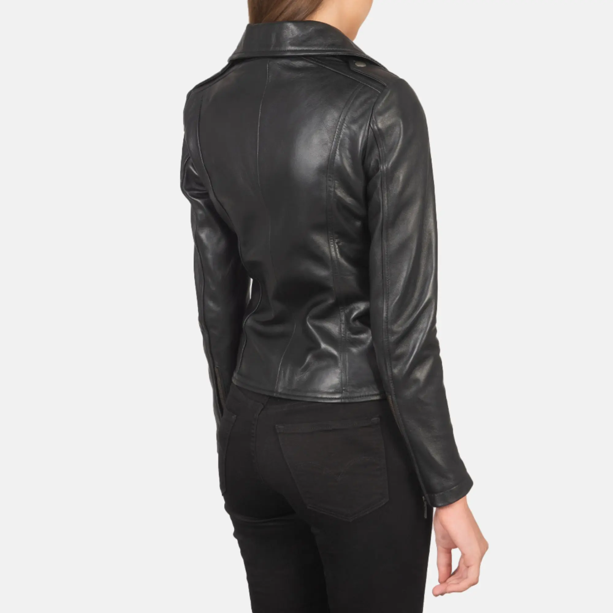 Real Leather Sheepskin Aniline Zipper Flashback Black Women Biker Jacket with Quilted Viscose Lining and Inside Outside Pockets