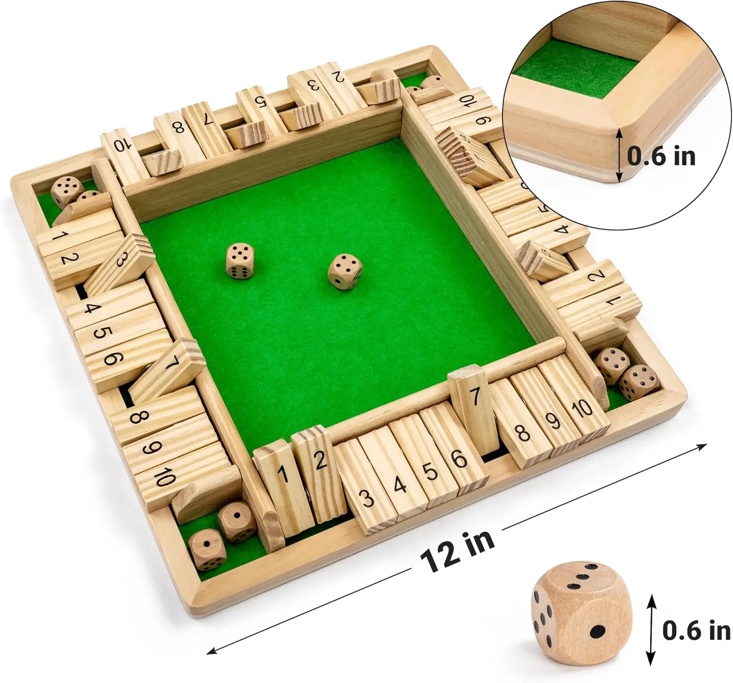 Wooden Shut The Box Game 2-4 Players  12 Inch Large 4 Sided Board with 8 Dice and Rules Fun Addition Game for Kids and Adults