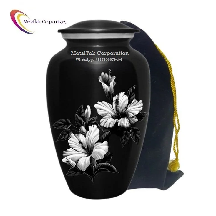 Hawaiian Hibiscus Flower Black & White Classic Floral Cremation Urn American Style Adult Funeral Burial Ashes Storage Metal Jars