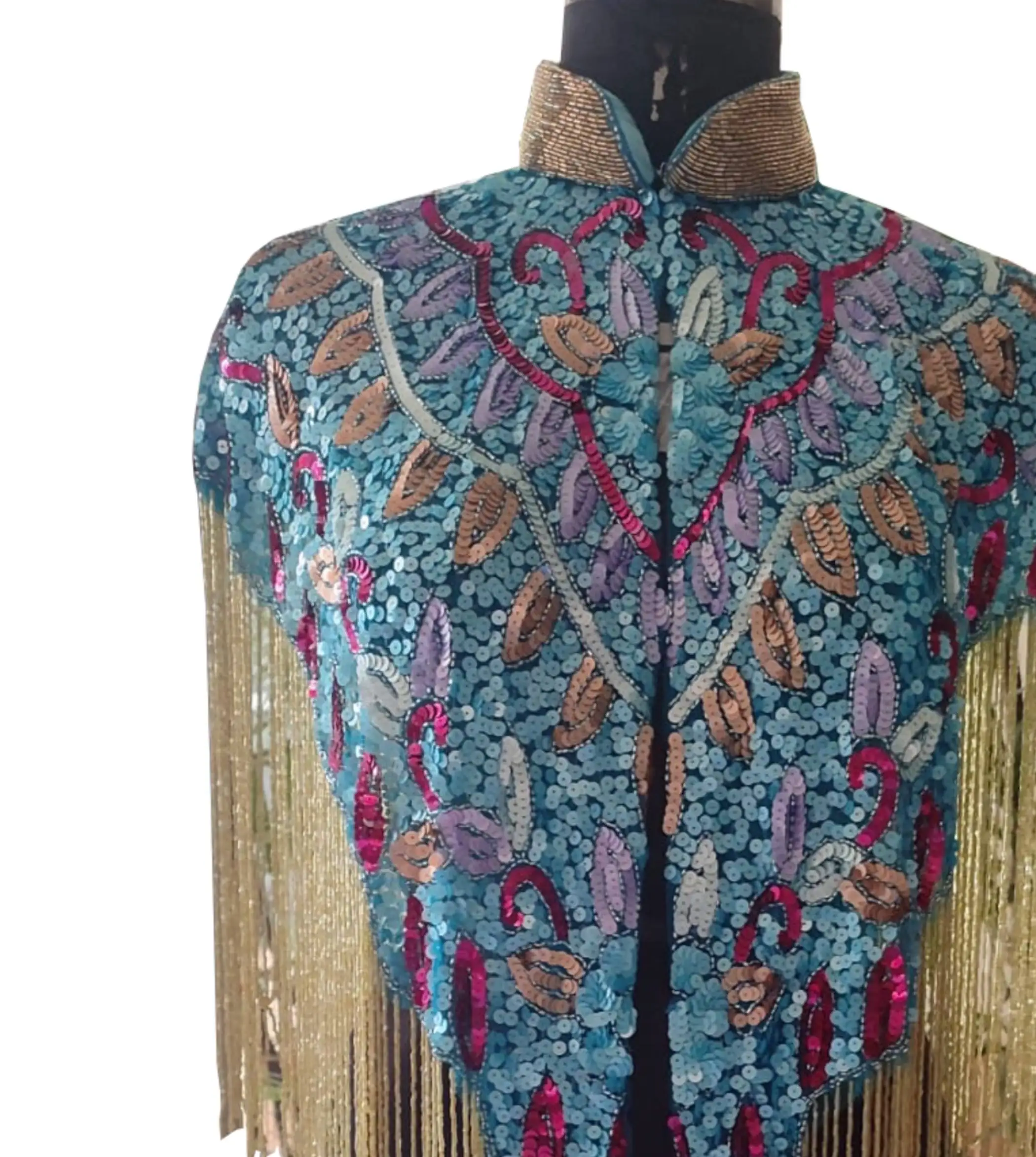 Women Vintage Great Hand Embroidery Party Evening Multiwearable Multicoloured Elegant Collar Sequin Beaded Sparkling Capes