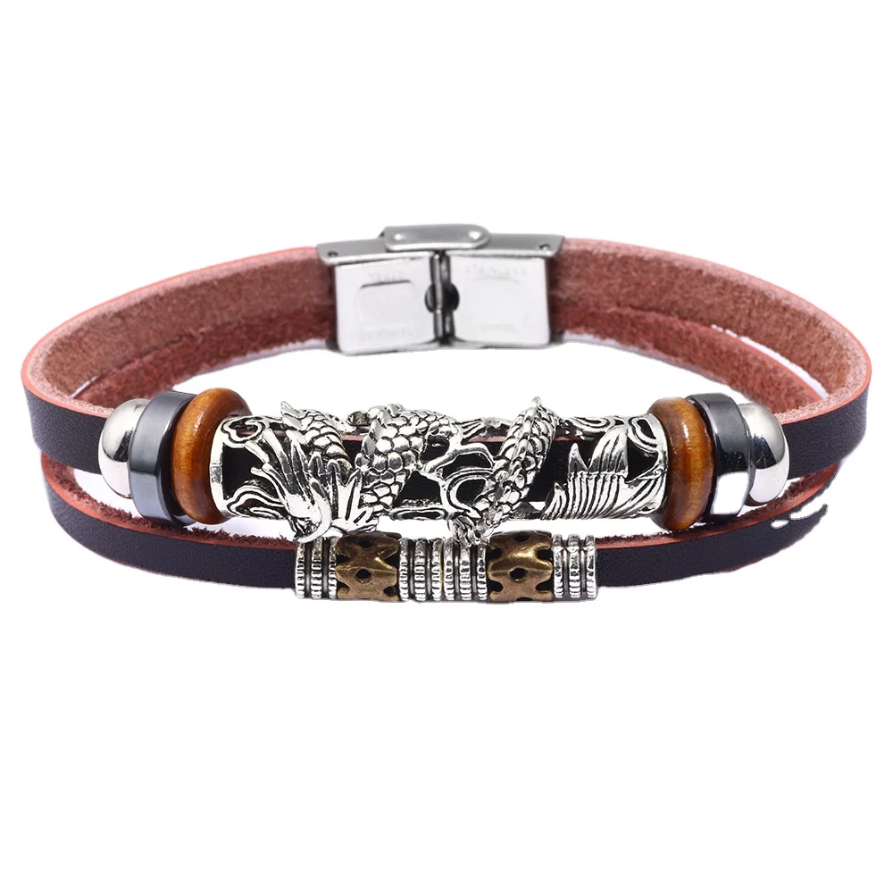 European and American bracelets ethnic style ancient silver dragon stainless steel buckle braided retro bracelet versatile