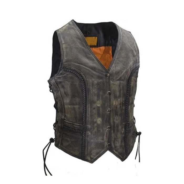 Ladies Motorcycle Soft Leather Vest- Vintage Look Trendy Style Women Biker Vest, Distressed Brown Leather Motorcycle Vest