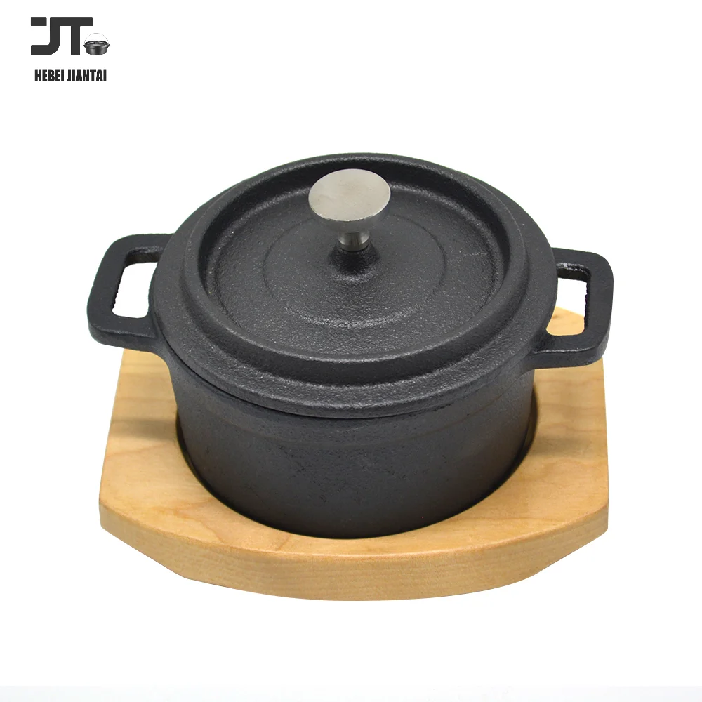 8Ounce Pre-seasoned Cast Iron Round Cocotte with Lid  Nonstick Mini Dutch Oven with Wooden Base Cookware for Roasting Baking Pot