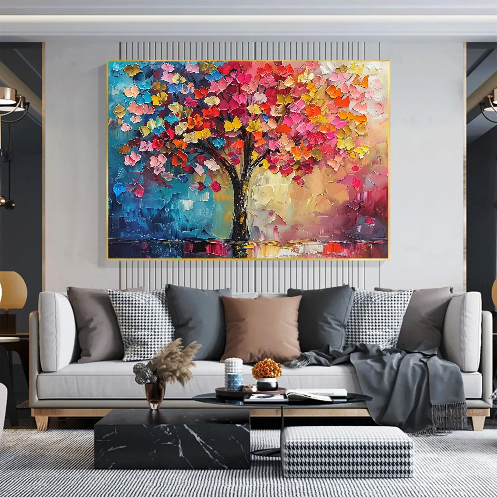 100% Real Hand Painted Abstract Colorful Tree Oil Painting,Large Modern Blooming Tree Wall Art for Living Room Bedroom