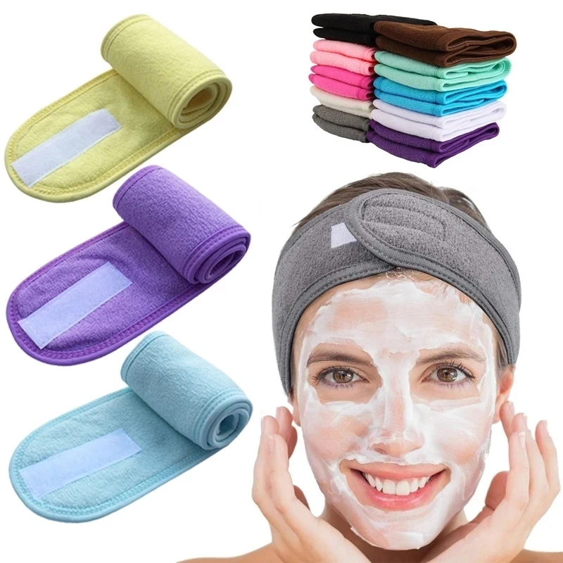 New design makeup wash face soft elastic spa magic tape hairband women bath adjustable satin headband with magic tape