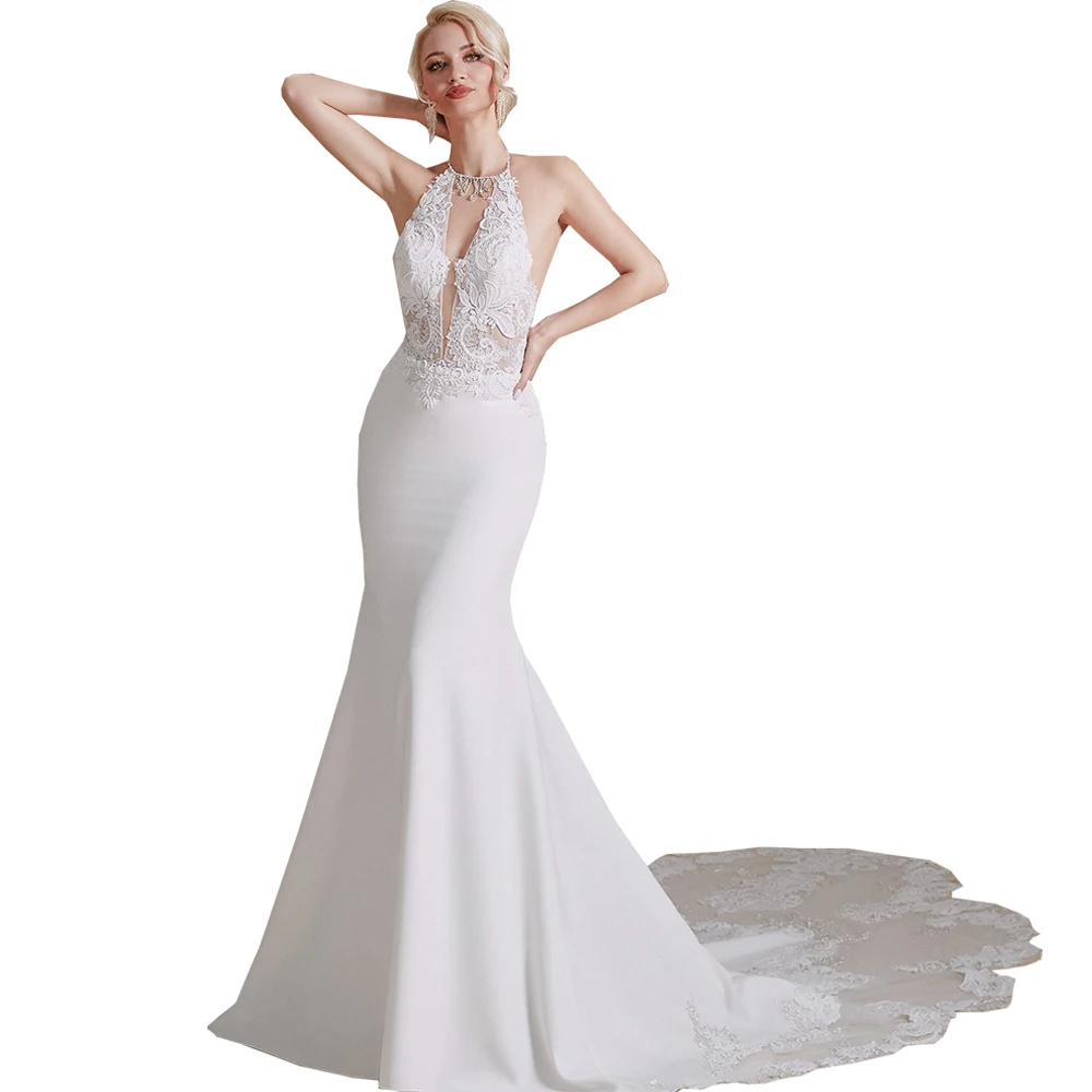 Vestido De Novia Sirena Deep V-Neck Bridal Gowns For Women Mermaid Halter Backless Sweep Train White Wedding Dress with Lace