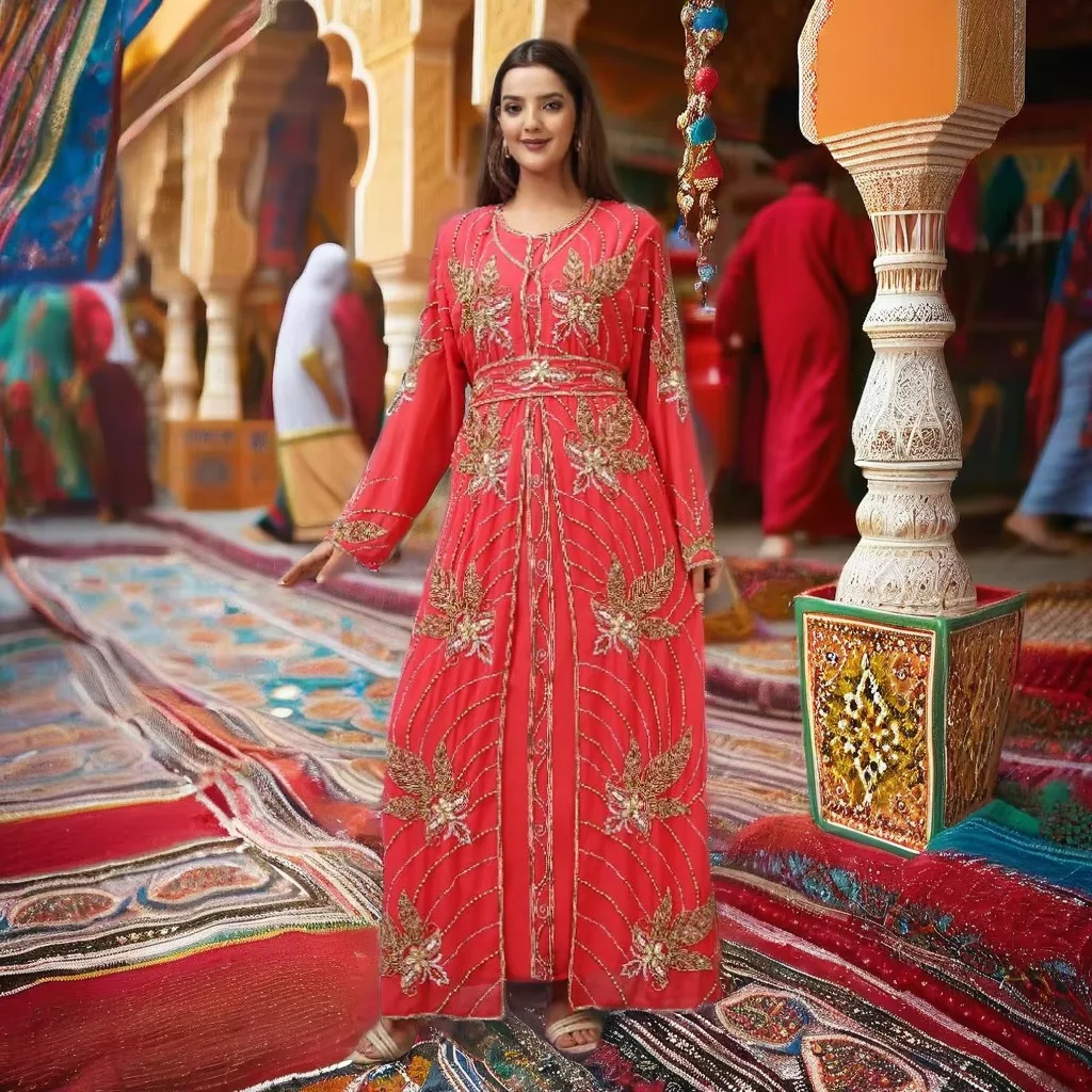 2024 New Fashion Dubai Arabic Moroccan Kaftan Hand Embellished Beaded Crepe Abaya Jalabiya Breathable Polyester Adults ODM