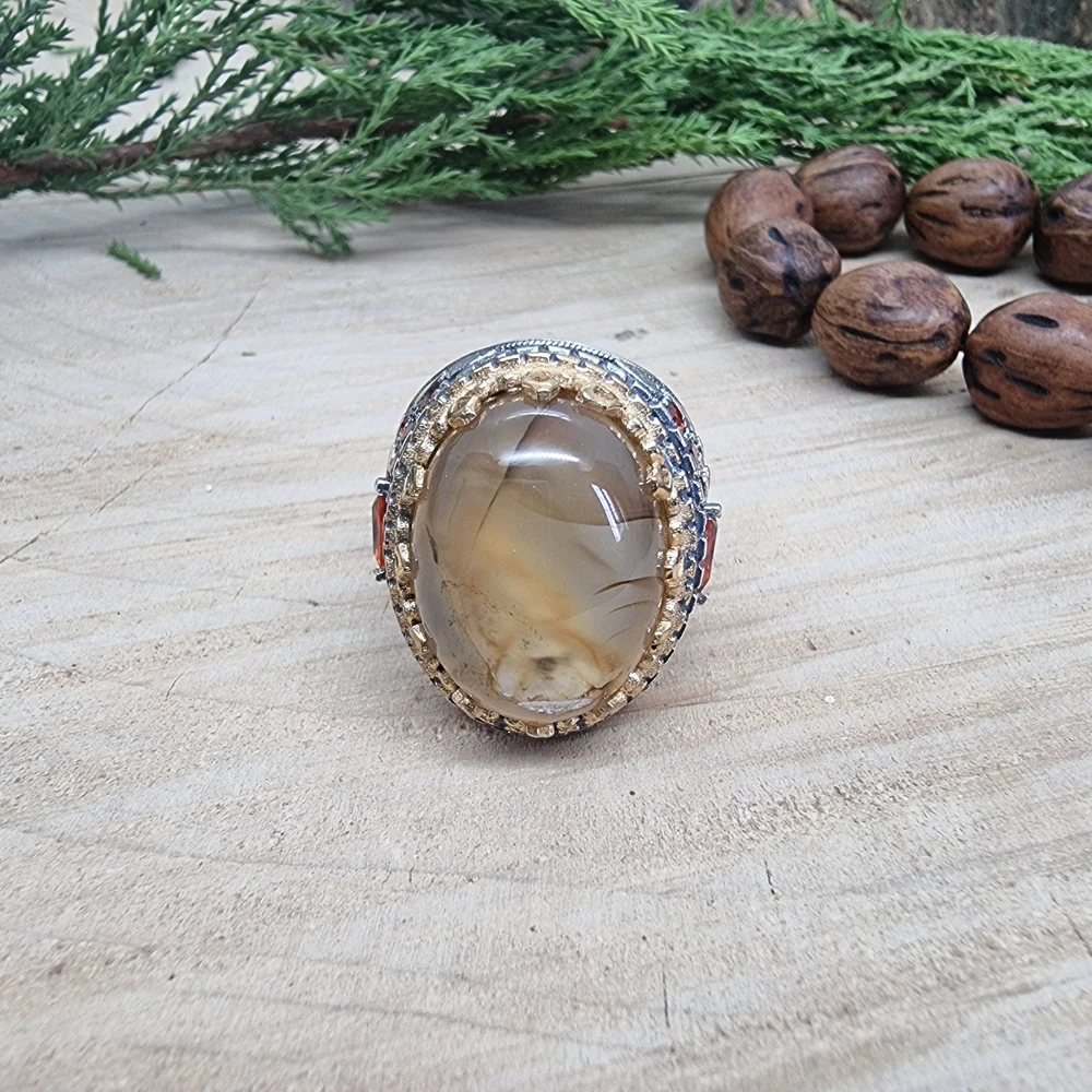 925 Sterling Silver Yemen Aqeeq Ring Turkish for Men Trendy Ring Accessories Gift for Man Traditional Sulemani Men Ring