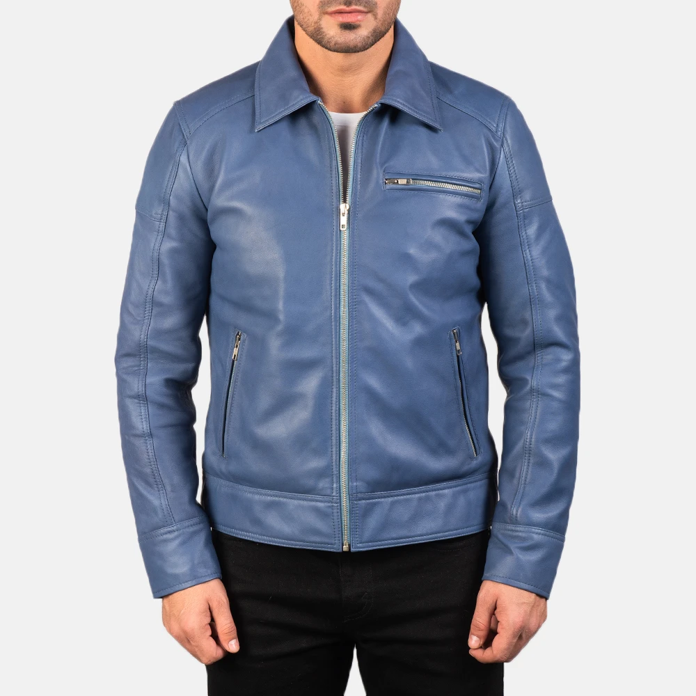 Real Leather Sheepskin Aniline Zipper Blue Men leather Jacket with Viscose Lining and Inside Outside Pockets highly breathable