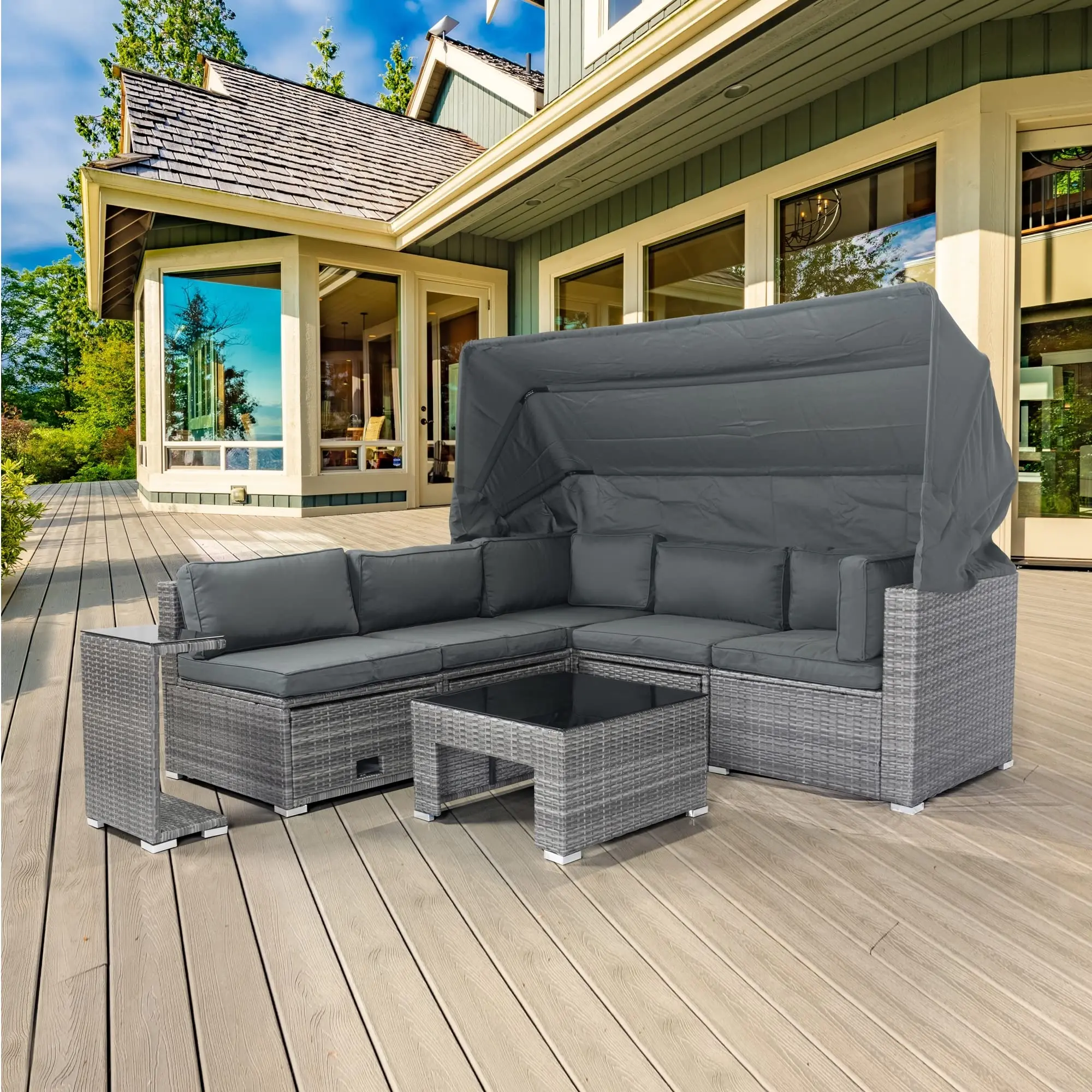 7-Piece w/Retractable Canopy Wicker Rattan Sectional Sofa Set Patio Furniture with Washable Cushions