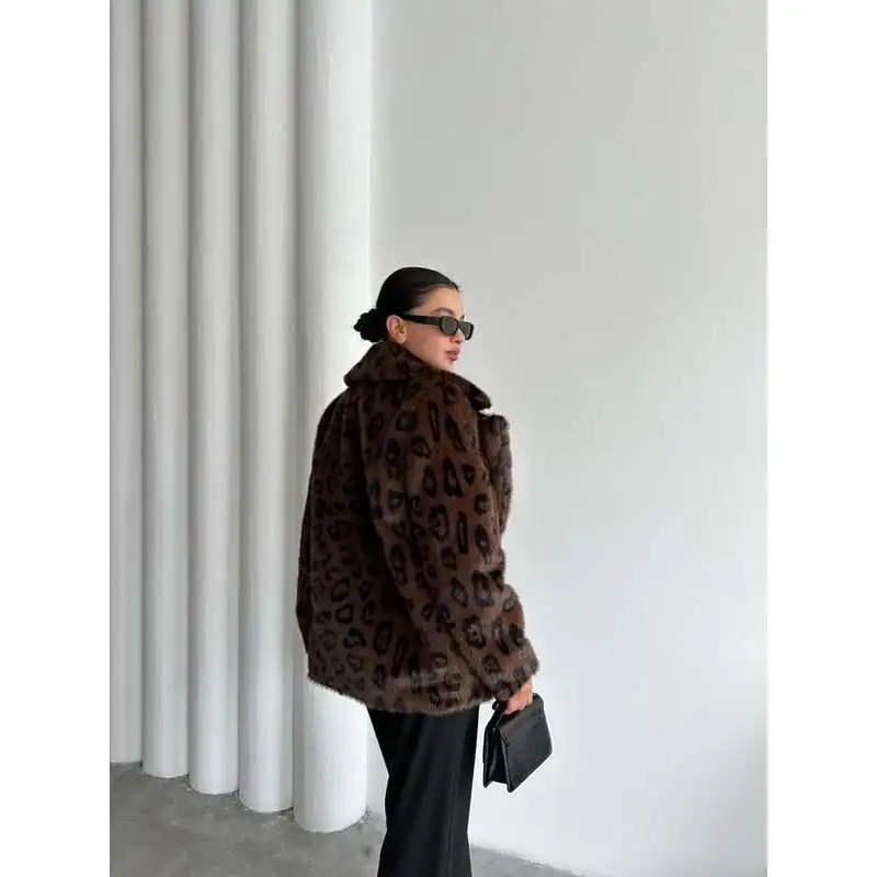 Brown Lion Leopard Pattern Fur Coat