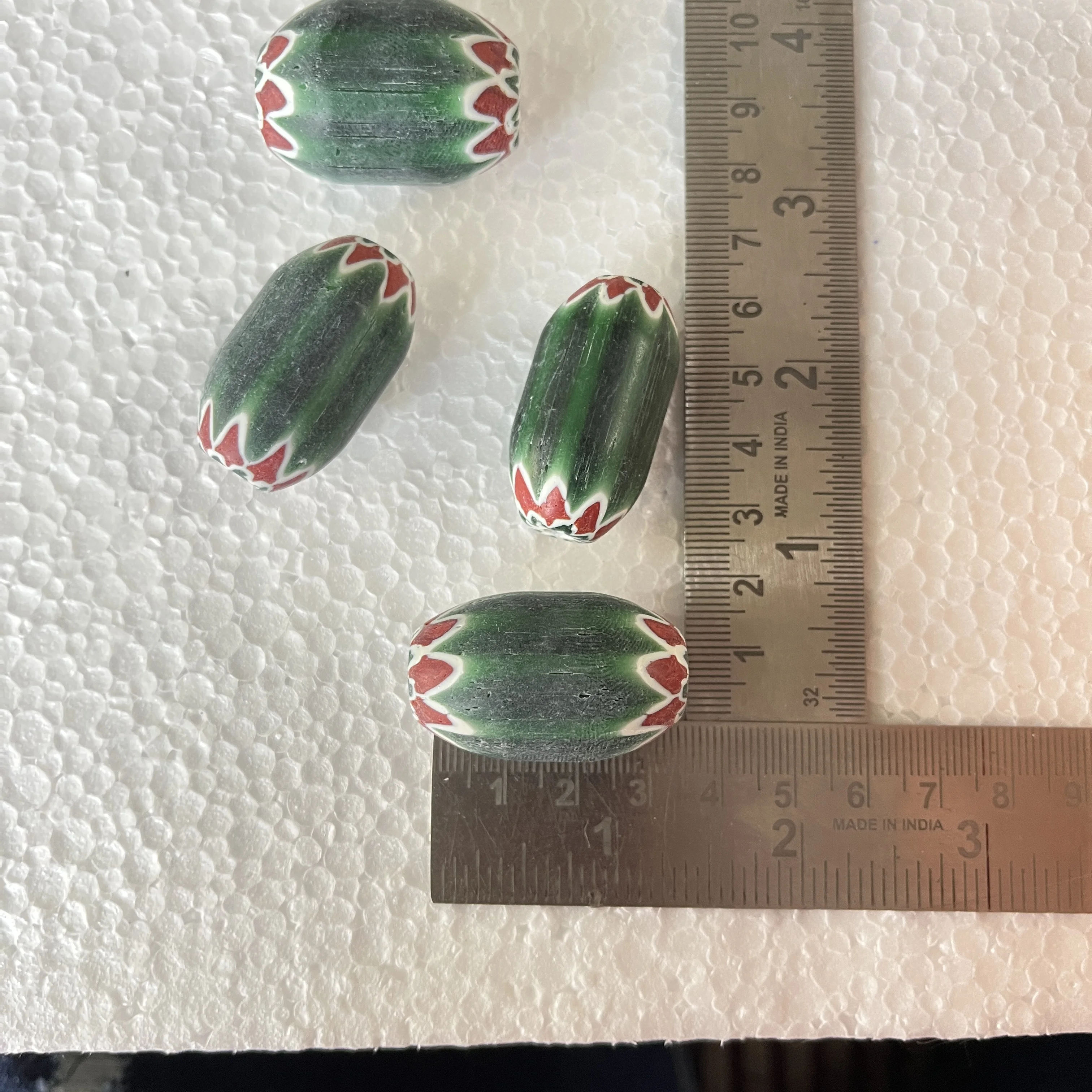 custom made glass striped chevron beads with blue & red coloured stripes idea for resale by bead stores and jewelry designers