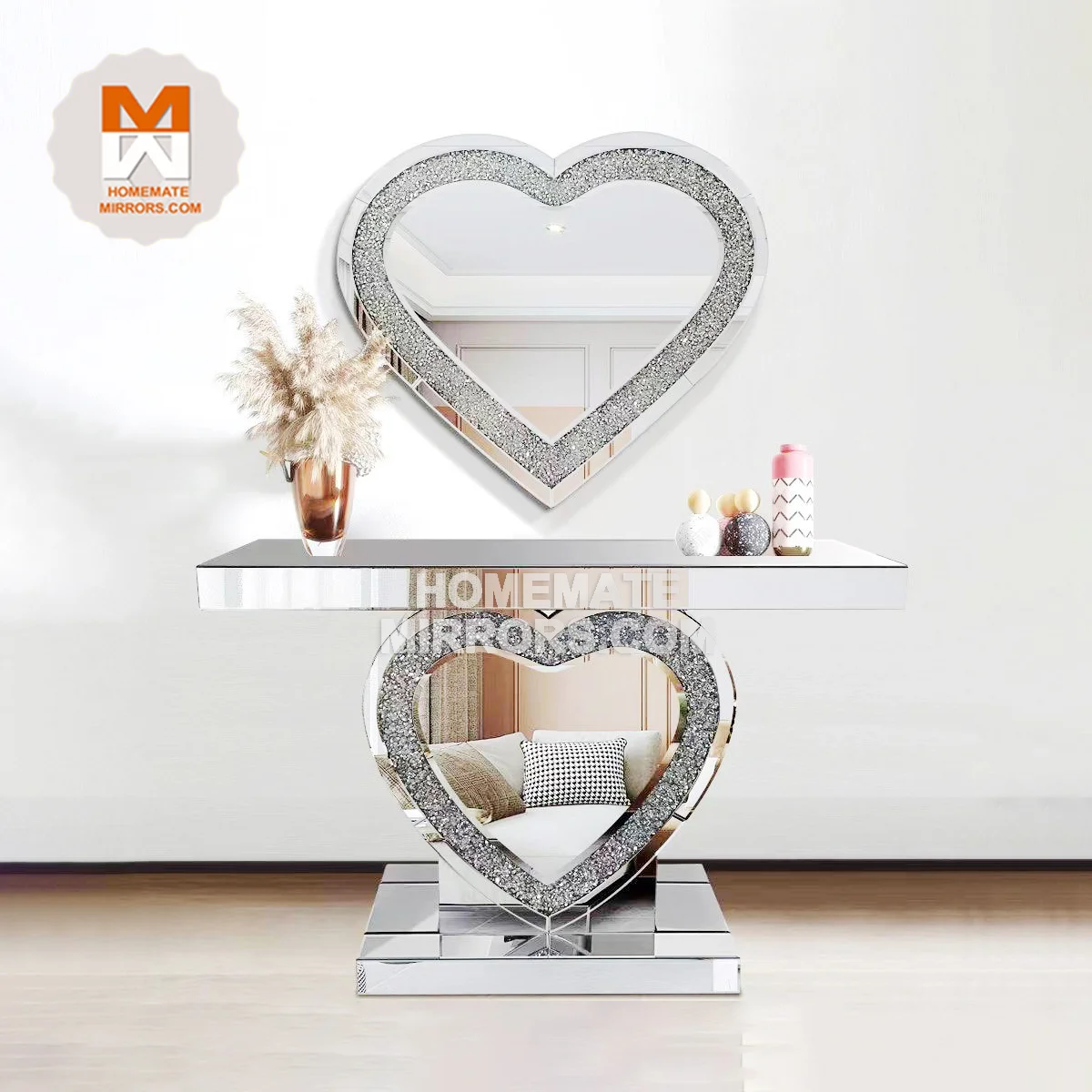 Hot Sell Competitive Heart Shape Crystal Glass Console With Mirror