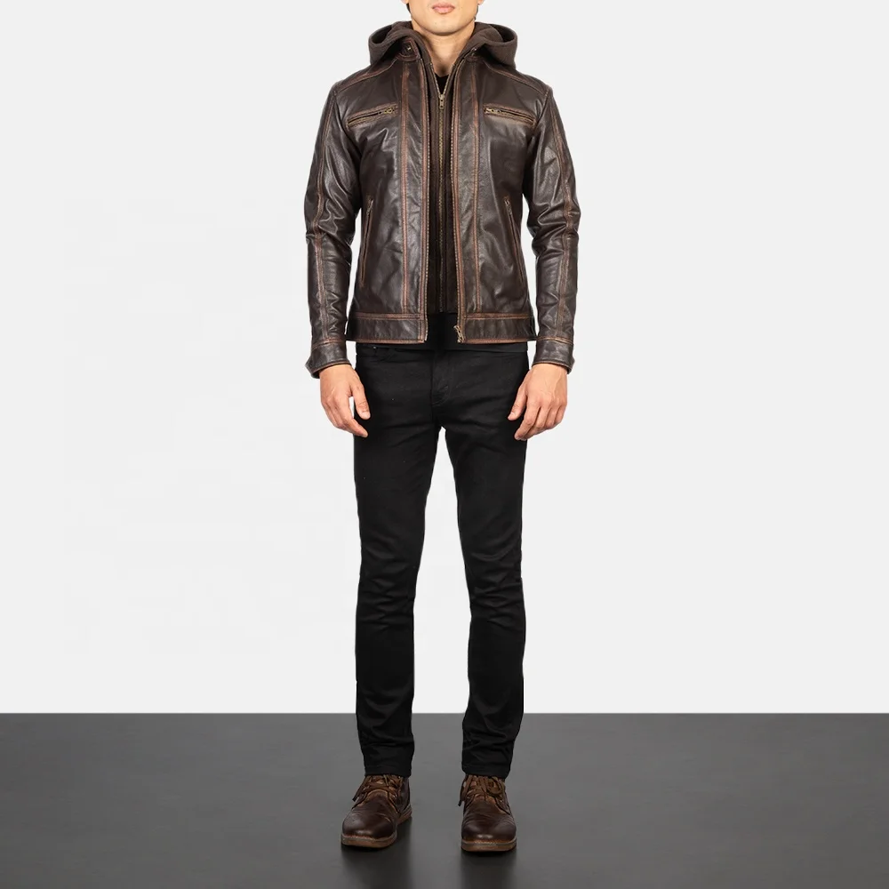 New Uk style hector vintage brown hooded leather bikers jacket with a removable fabric hood with a rub-off leather finish