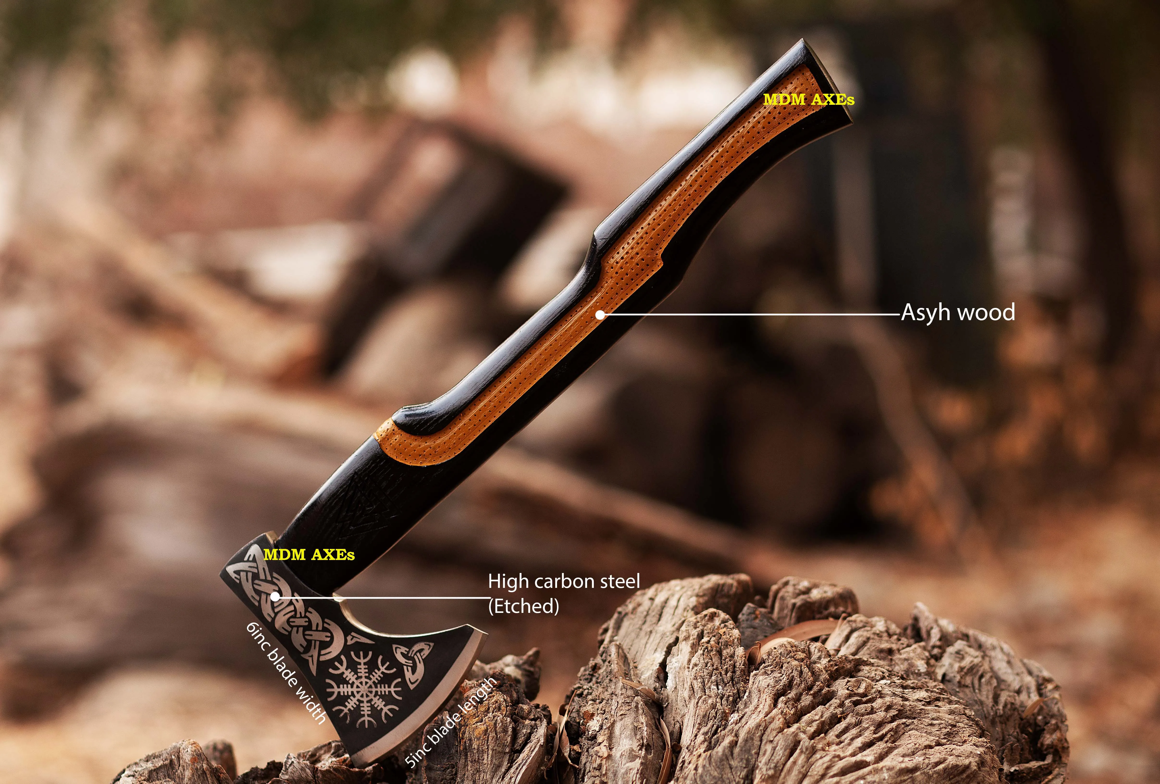 New Custom Carbon Steel Bearded Viking Bushcraft Outdoor Tool Survival Wood Working Axe, Ash Wood Handle With Leather Case