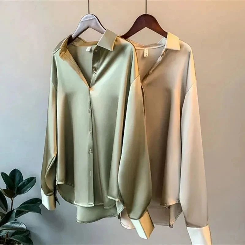 Best quality Women Vintage Button Up Satin Shirt Silk Fashion Office Ladies Elegant Shirt Blouse White Long Sleeve Shirts Tops