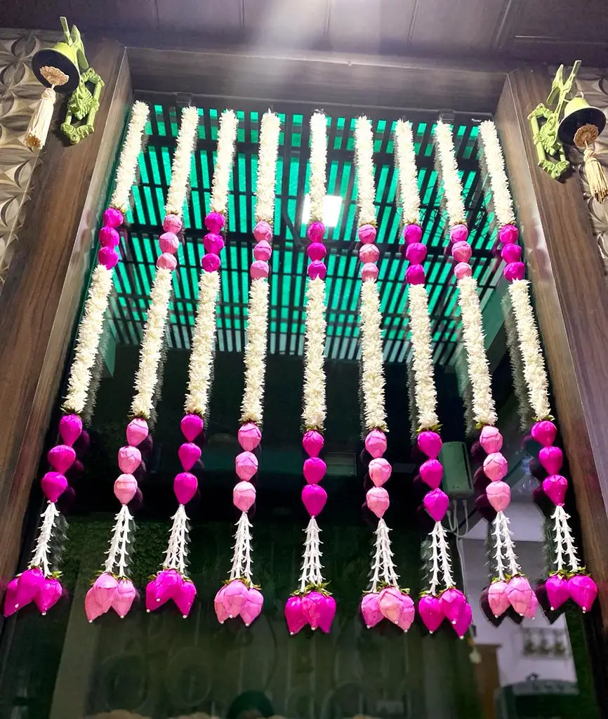 Jasmine  Artificial String With Lotus Flower Center Decor  Strings Handmade Toran Wall Hanging Door Hanging decor, Centerpiece