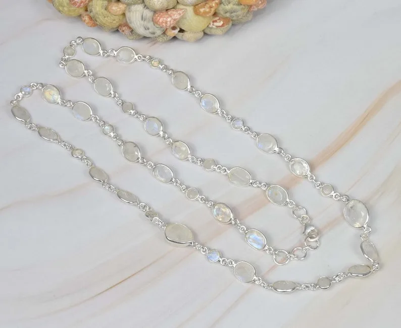White Rainbow Moonstone 925 Sterling Silver June Stone Chain Necklace Convertible Bracelet Handmade Jewelry Gift For Christmas