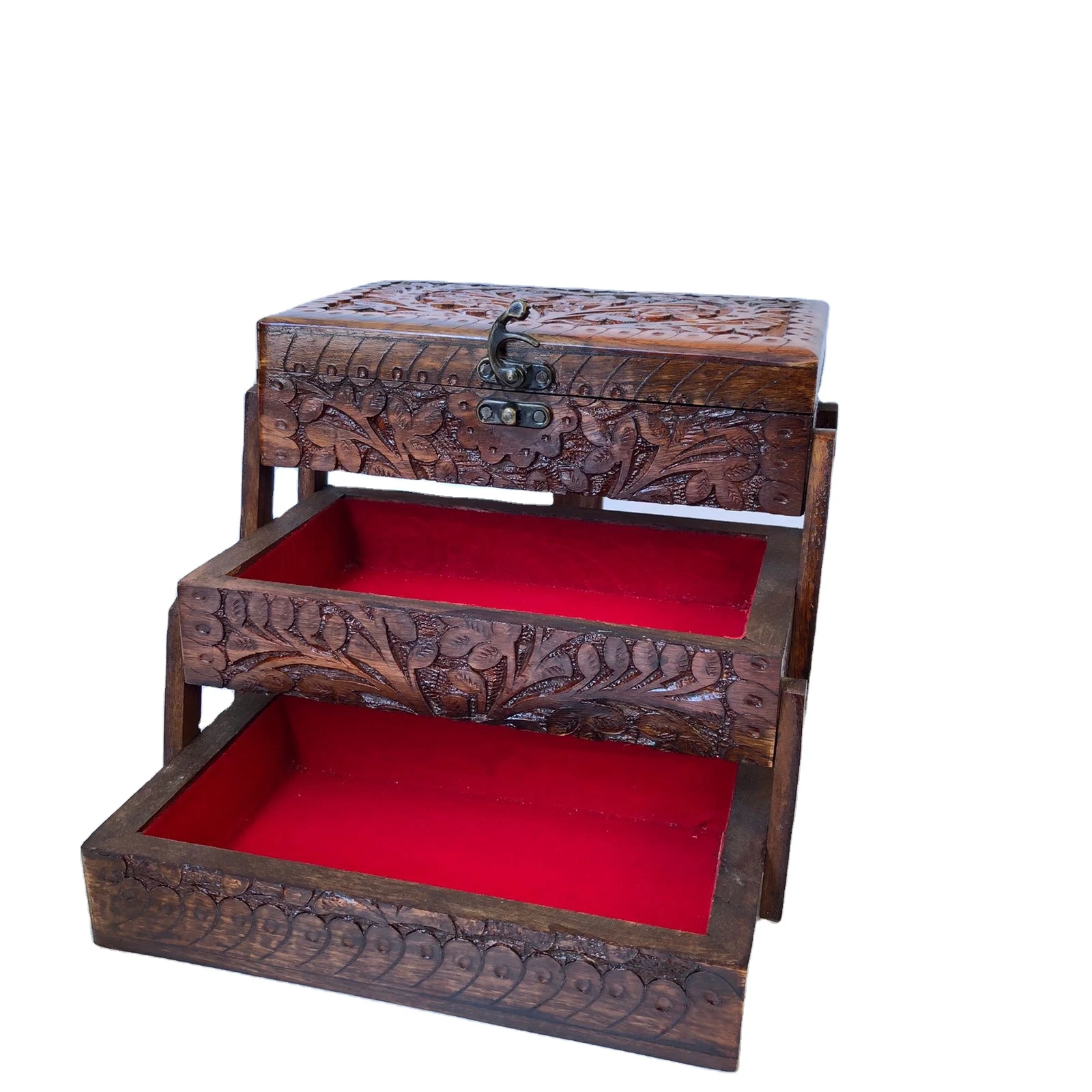 Handmade Hand Carved handi craft wooden Best Quality Wooden Jewelry Box Three Step Hand Carved Modern handi craft Wooden gift