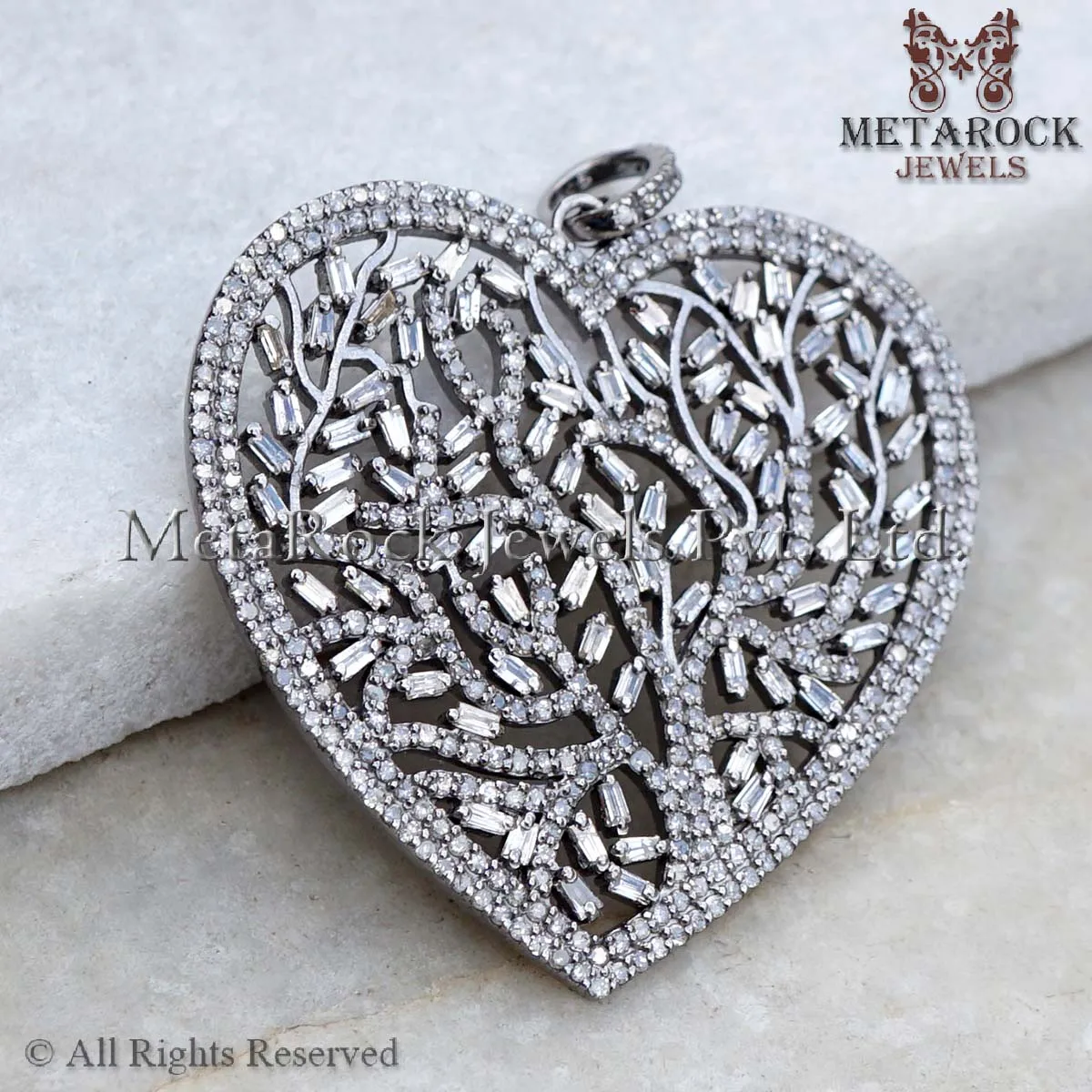 925 Sterling Silver Most Beautiful Tree Of Life Baguette Pave Diamond Luxury Heart Pendant