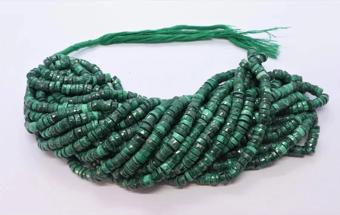 Natural Malachite Faceted Tyre Beads, 6-7 mm Malachite Beads, Malachite Faceted Wheel Beads, Malachite Tyre Shape Heishi Beads