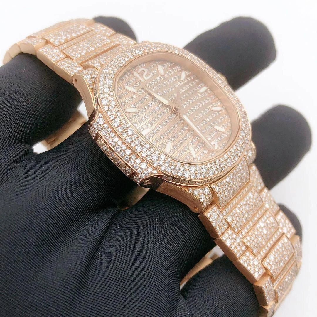 Yellow Gold Tone Watch Handmade Watch, Automatic Movement Watch For Men, Fully Iced Out Swiss ETA Diamond Wrist Watch